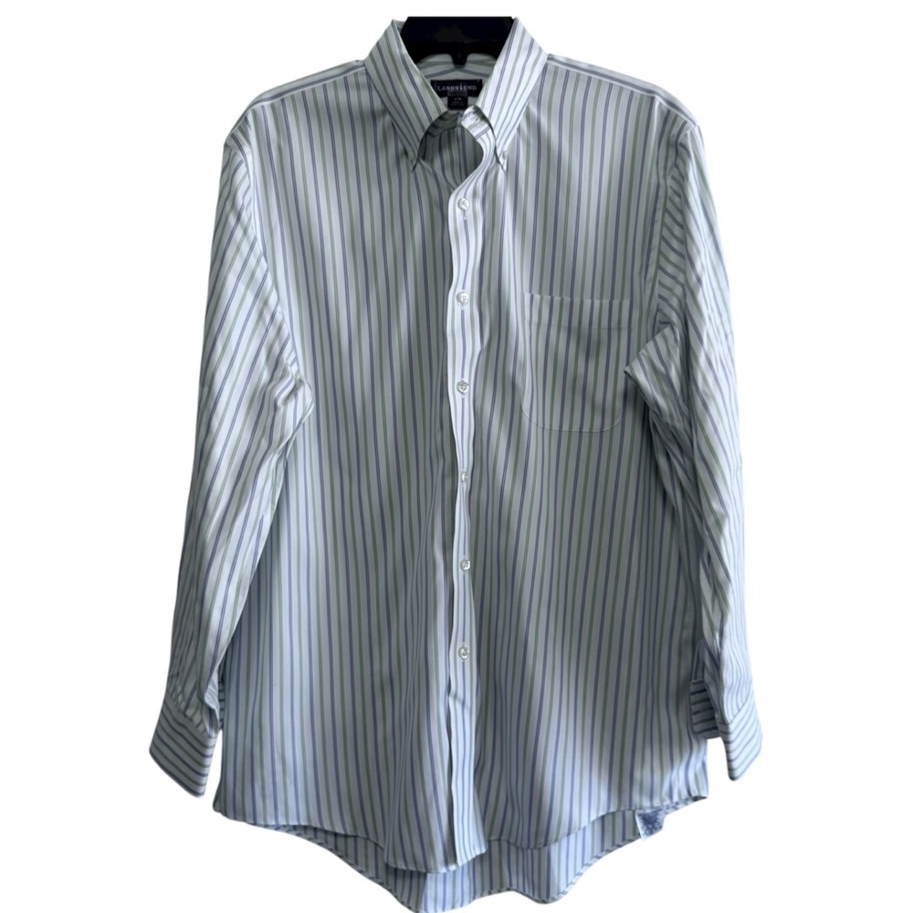 Lands' End Blue and Green Striped Dress Shirt